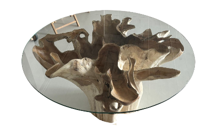 Teak Root Table – Ø120 cm w/ Glass Top
