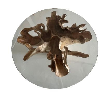 Teak Root Table – Ø120 cm w/ Glass Top