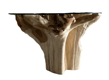 Teak Root Table – Ø120 cm w/ Glass Top