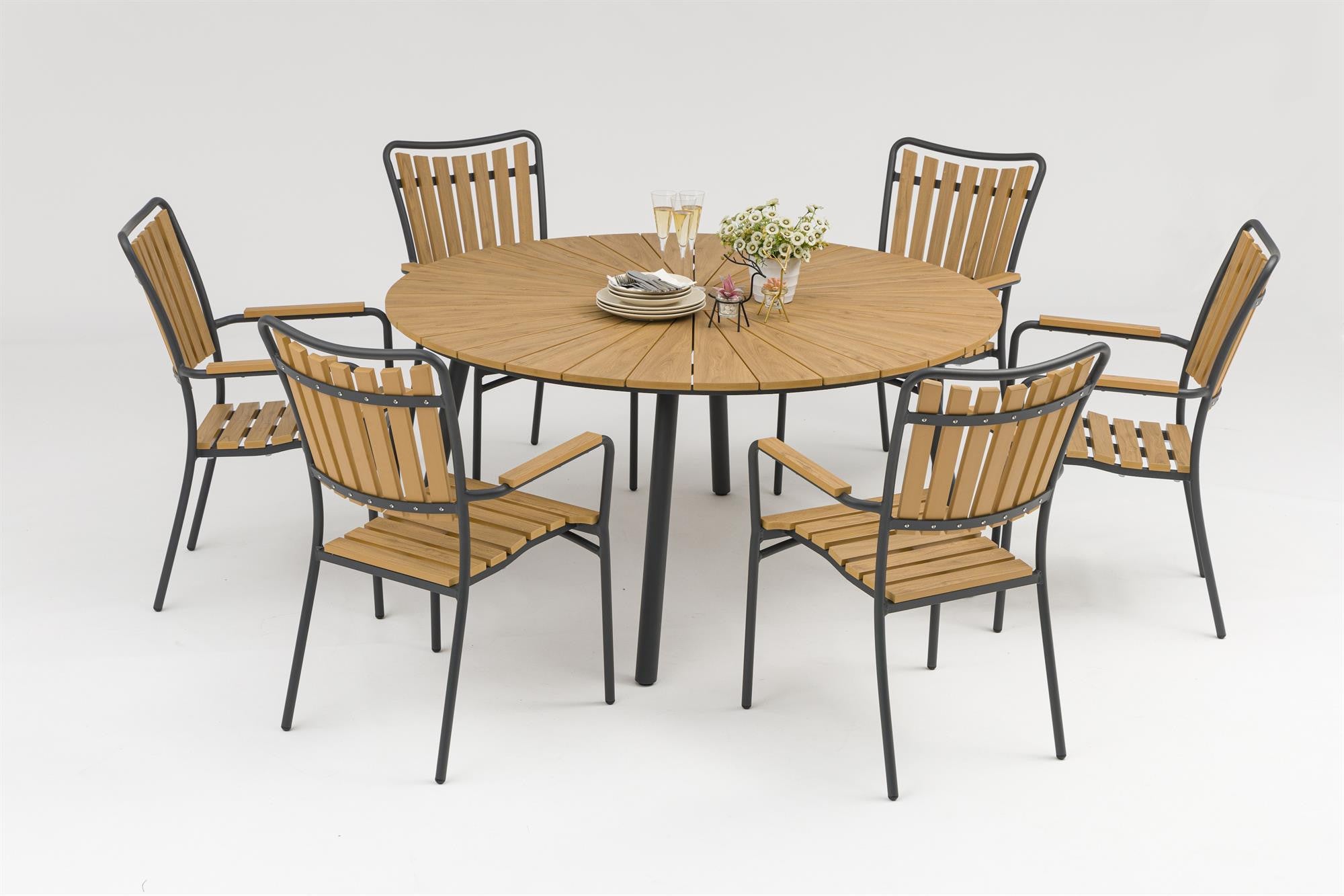 DaneLine Adam Garden Furniture Set GREY NONWOOD – Ø150 cm w/6 Chairs