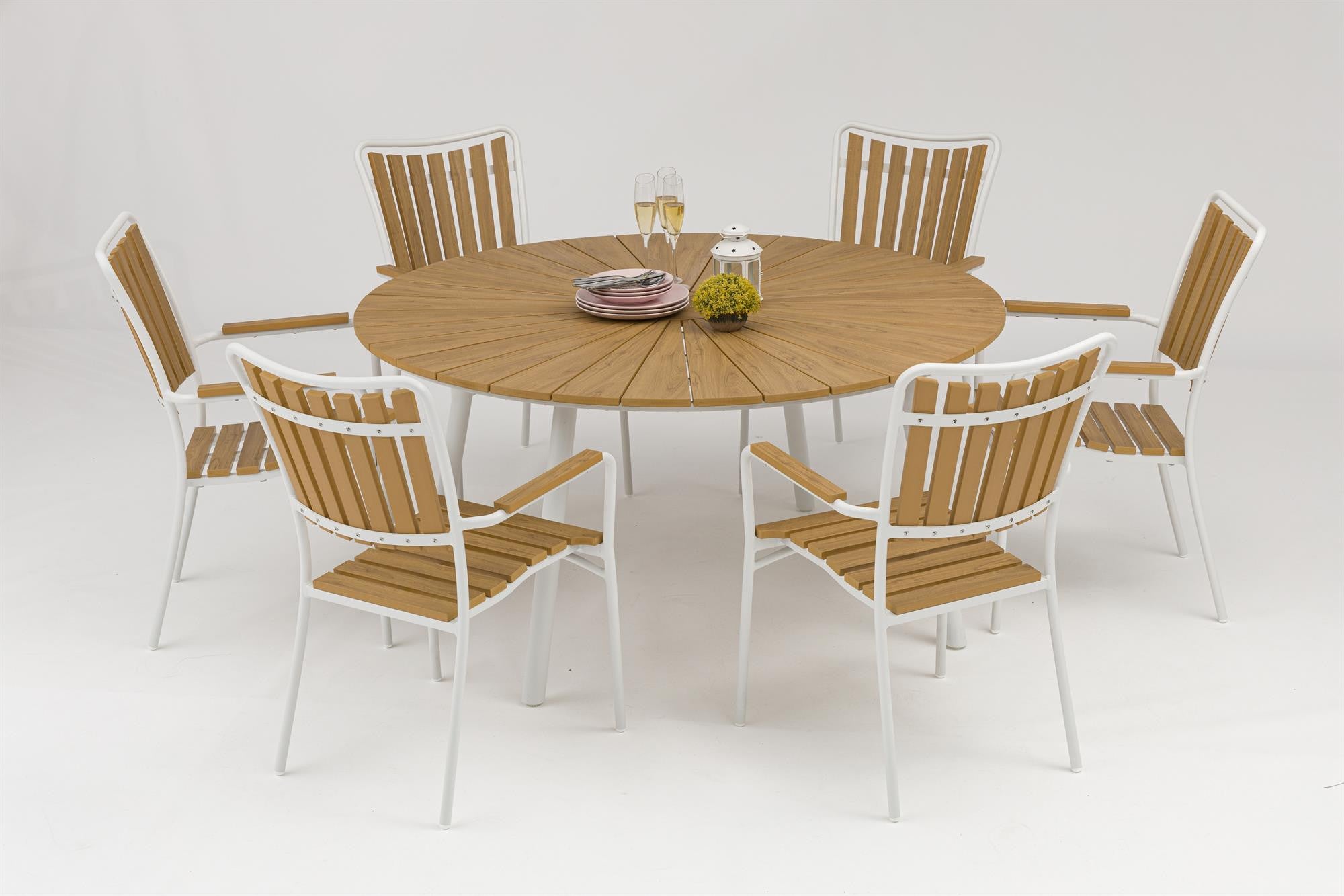 DaneLine Adam Garden Furniture Set WHITE NONWOOD – Ø150 cm w/6 Chairs