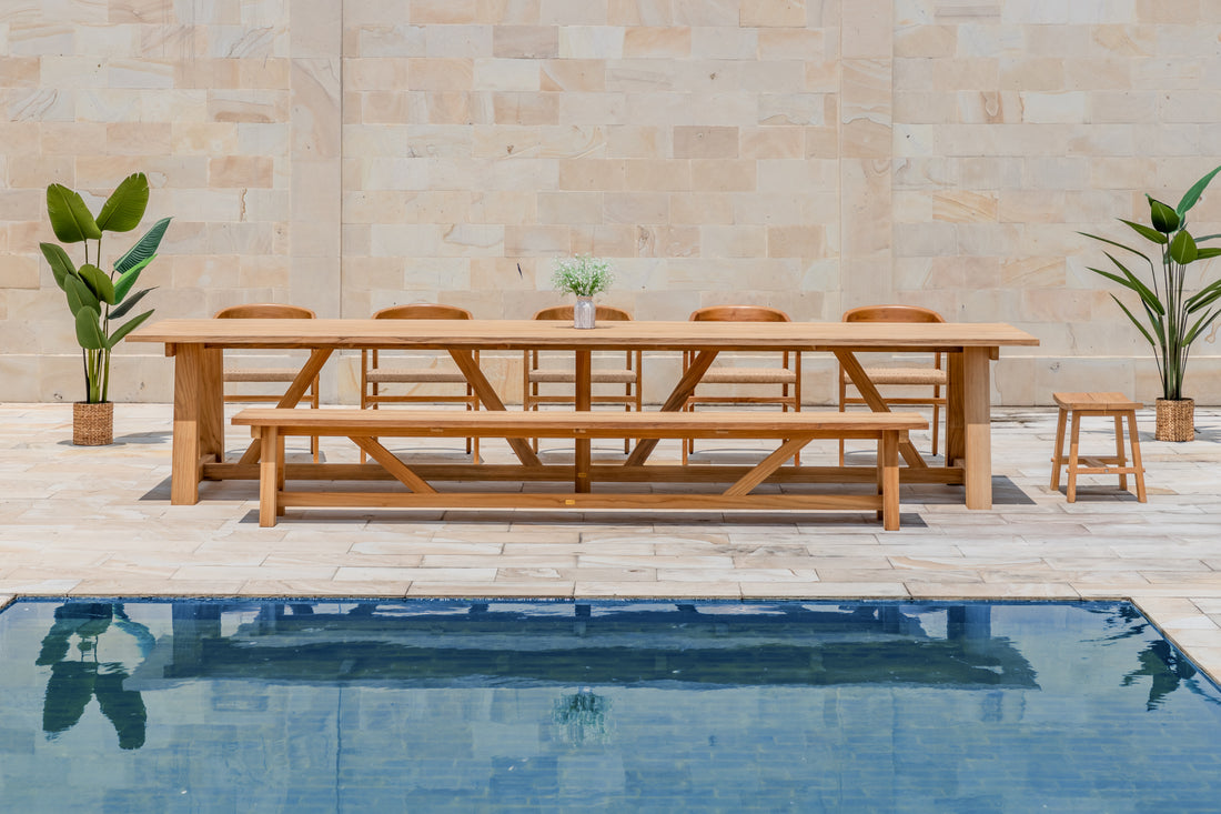 Hercules Garden Furniture Set – 400 cm Table, 290 cm Bench w/ 5 Hola Chairs Core Teak